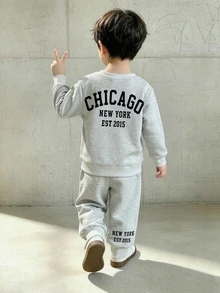 Baby Boy Letter Print Crew Neck Sweatshirt & Sweatpants Set - Army Green - View 6
