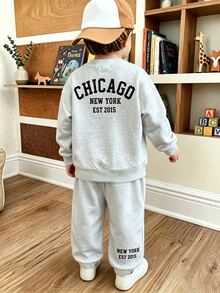 Baby Boy Letter Print Crew Neck Sweatshirt & Sweatpants Set - Army Green - View 1