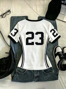 Contrast Color V-Neck Letter Print Fitted Short Sleeve T-Shirt - White - View 2