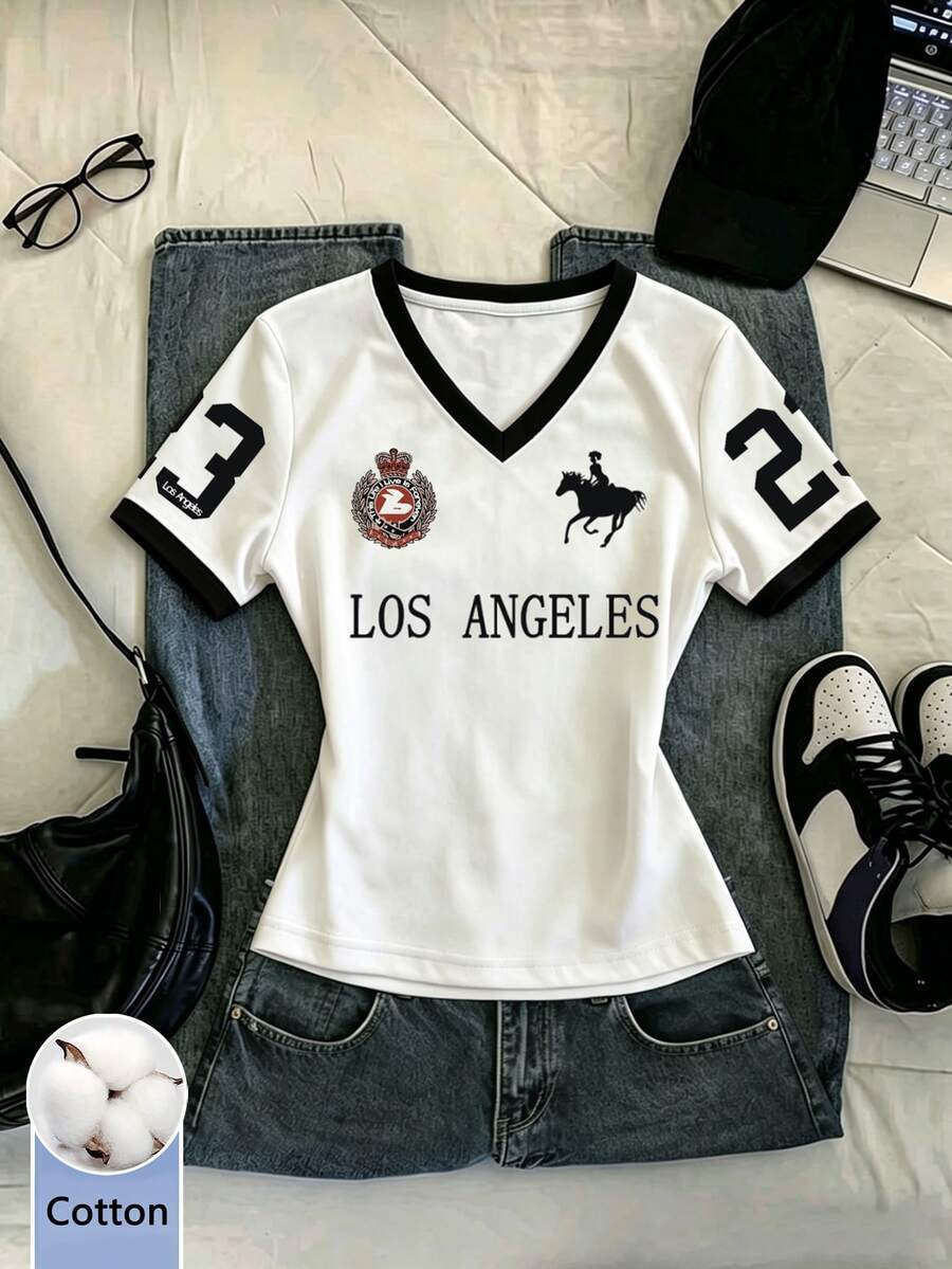 Contrast Color V-Neck Letter Print Fitted Short Sleeve T-Shirt - White - View 1
