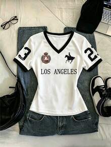 Contrast Color V-Neck Letter Print Fitted Short Sleeve T-Shirt - White - View 3