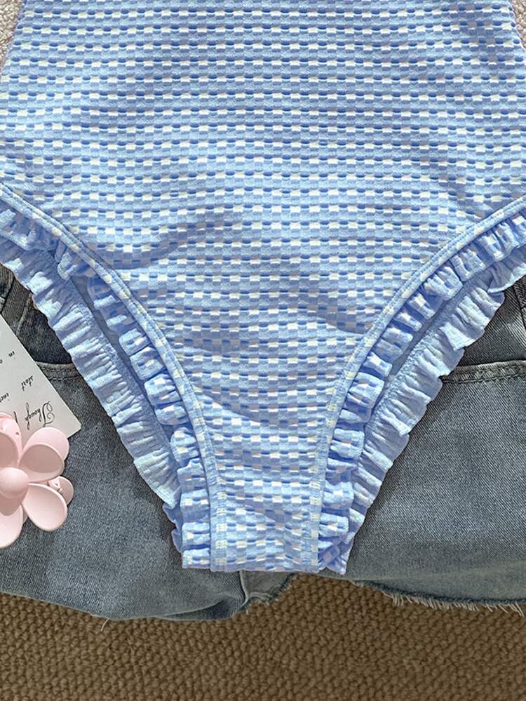 Swim Mod Young Girl's Special Fabric Pink Lace Halter One-Piece Swimsuit - Blue - View 5