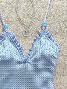 Swim Mod Young Girl's Special Fabric Pink Lace Halter One-Piece Swimsuit - Blue - View 6