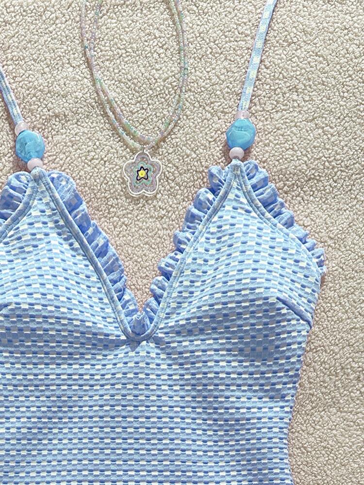 Swim Mod Young Girl's Special Fabric Pink Lace Halter One-Piece Swimsuit - Blue - View 6