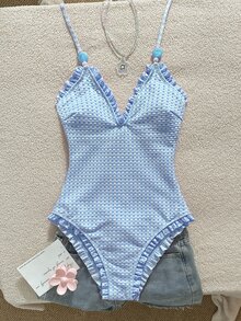 Swim Mod Young Girl's Special Fabric Pink Lace Halter One-Piece Swimsuit - Blue - View 7