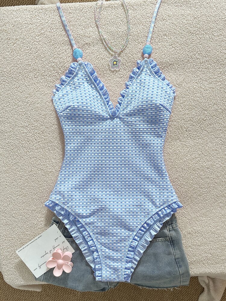 Swim Mod Young Girl's Special Fabric Pink Lace Halter One-Piece Swimsuit - Blue - View 7