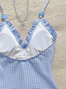 Swim Mod Young Girl's Special Fabric Pink Lace Halter One-Piece Swimsuit - Blue - View 4