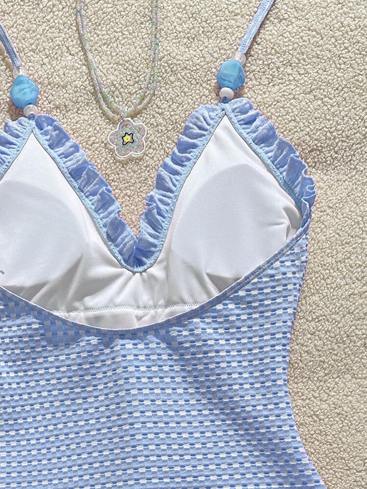 Swim Mod Young Girl's Special Fabric Pink Lace Halter One-Piece Swimsuit - Blue - View 4
