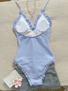 Swim Mod Young Girl's Special Fabric Pink Lace Halter One-Piece Swimsuit - Blue - View 2