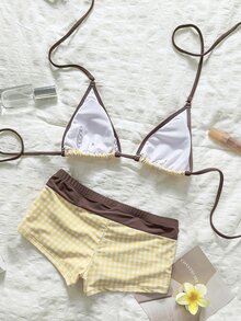 SHEIN Swim 女士沙滩装格子印花性感运动短裤比基尼套装，棕色沙滩泳装，适合女士情人节新年派对度假穿着，春夏泳装 - 黃色 - 查看 5