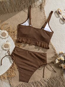 Swim Vcay Women's Solid Color Textured Fabric Sweet Ruffle Drawstring High Waist Cropped Camisole Bikini Top For Beach Vacation - Brown - View 2