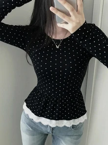 DAZY Polka Dot Bow Ruffle Hem Fitted Long Sleeve Top - Black - View 4