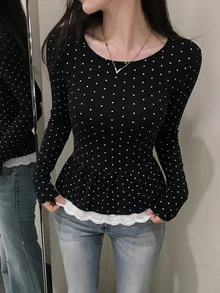 DAZY Polka Dot Bow Ruffle Hem Fitted Long Sleeve Top - Black - View 2