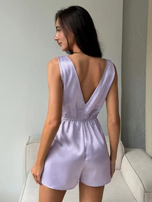 DAZY Women's Elegant Solid Color V-Neck Sleeveless Jumpsuit Pajamas, Summer - Grey - View 7