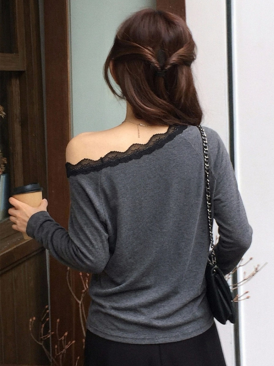 Women's Patchwork Lace Trim Loose Long Sleeve Asymmetric Neck Cold Shoulder Casual Vacation Korean Street Style Spring Autumn Top T-Shirt