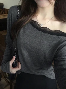 DAZY 女款拼接蕾絲飾邊寬鬆長袖不對稱領露肩休閒度假韓系街頭風春夏秋上衣T恤 - 灰色 - 查看 8