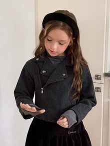 DAZY Girls' (Big) Lapel Wool Long Sleeve Asymmetric Diagonal Front Design Thick Coat, Autumn/Winter - Dark Grey - View 3