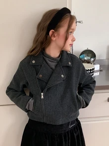 DAZY Girls' (Big) Lapel Wool Long Sleeve Asymmetric Diagonal Front Design Thick Coat, Autumn/Winter - Dark Grey - View 10