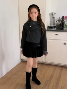 DAZY Girls' (Big) Lapel Wool Long Sleeve Asymmetric Diagonal Front Design Thick Coat, Autumn/Winter - Dark Grey - View 2