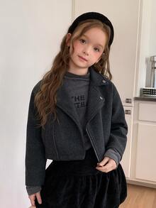 DAZY Girls' (Big) Lapel Wool Long Sleeve Asymmetric Diagonal Front Design Thick Coat, Autumn/Winter - Dark Grey - View 8