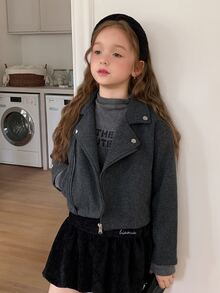 DAZY Girls' (Big) Lapel Wool Long Sleeve Asymmetric Diagonal Front Design Thick Coat, Autumn/Winter - Dark Grey - View 1