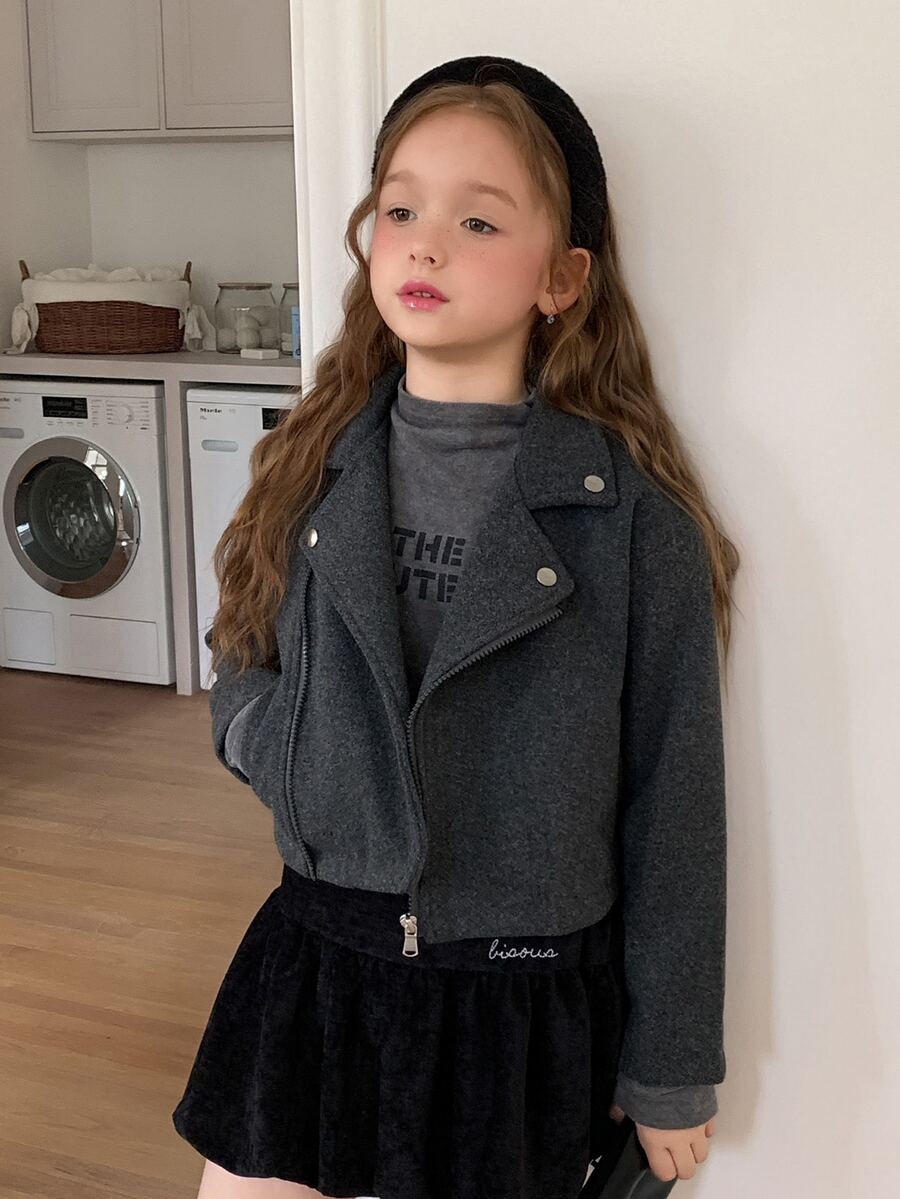 DAZY Girls' (Big) Lapel Wool Long Sleeve Asymmetric Diagonal Front Design Thick Coat, Autumn/Winter - Dark Grey - View 1