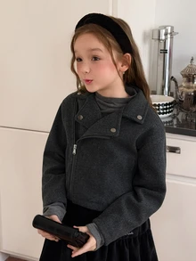 DAZY Girls' (Big) Lapel Wool Long Sleeve Asymmetric Diagonal Front Design Thick Coat, Autumn/Winter - Dark Grey - View 7