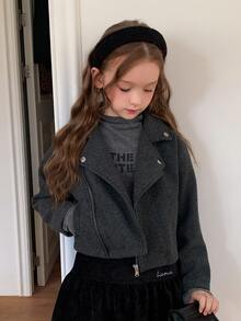 DAZY Girls' (Big) Lapel Wool Long Sleeve Asymmetric Diagonal Front Design Thick Coat, Autumn/Winter - Dark Grey - View 9