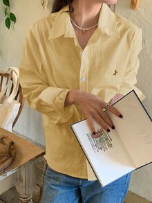 DAZY Casual Versatile Spring/Summer Embroidered Pattern Loose Long Sleeve Collared Blouse For Women - Light Yellow - View 6