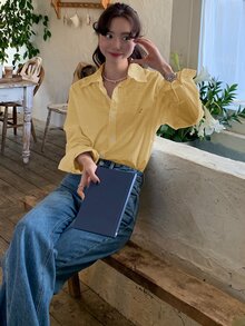 DAZY Casual Versatile Spring/Summer Embroidered Pattern Loose Long Sleeve Collared Blouse For Women - Light Yellow - View 2