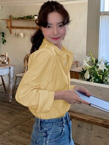 DAZY Casual Versatile Spring/Summer Embroidered Pattern Loose Long Sleeve Collared Blouse For Women - Light Yellow - View 5