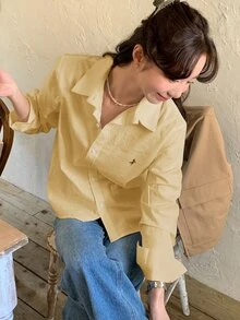 DAZY Casual Versatile Spring/Summer Embroidered Pattern Loose Long Sleeve Collared Blouse For Women - Light Yellow - View 7