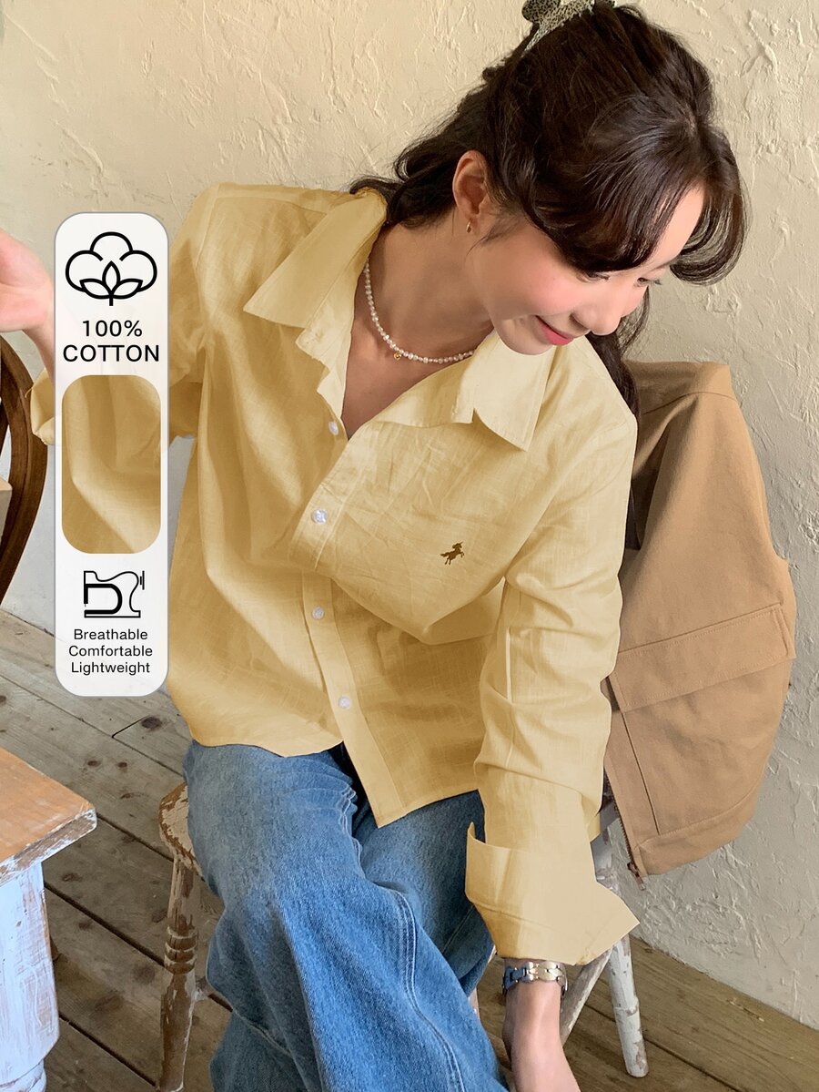 DAZY Casual Versatile Spring/Summer Embroidered Pattern Loose Long Sleeve Collared Blouse For Women - Light Yellow - View 1