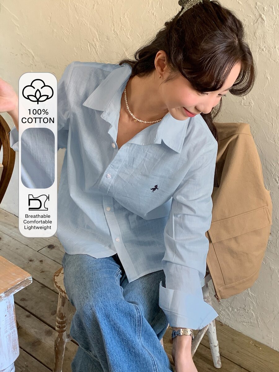 DAZY Casual Versatile Spring/Summer Embroidered Pattern Loose Long Sleeve Collared Blouse For Women - Blue - View 1
