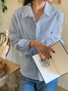 DAZY Casual Versatile Spring/Summer Embroidered Pattern Loose Long Sleeve Collared Blouse For Women - Blue - View 6