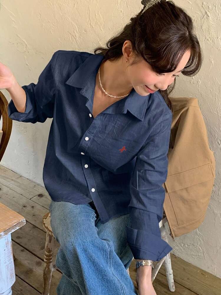 DAZY Casual Versatile Autumn Embroidered Pattern Loose Long Sleeve Collared Women's Blouse Brunch Navy Blue - Navy Blue - View 7