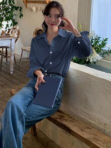 DAZY 休閒百搭秋季刺繡圖案寬鬆長袖領口女式襯衫 早午餐穿搭 海軍藍 - 藏蓝色 - 查看 2
