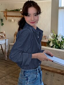 DAZY 休閒百搭秋季刺繡圖案寬鬆長袖領口女式襯衫 早午餐穿搭 海軍藍 - 藏蓝色 - 查看 5