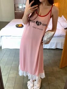 DAZY Women's Loose Lace Patchwork English Graphic Camisole Dress Nightgown - Pink - View 5