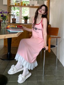 DAZY Women's Loose Lace Patchwork English Graphic Camisole Dress Nightgown - Pink - View 8