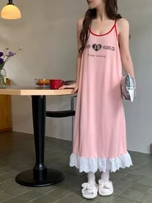 DAZY Women's Loose Lace Patchwork English Graphic Camisole Dress Nightgown - Pink - View 7