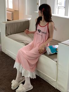 DAZY Women's Loose Lace Patchwork English Graphic Camisole Dress Nightgown - Pink - View 6