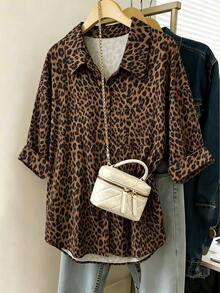 GlowEve CURVE Plus Size Women's Elegant Leopard Print Asymmetrical Hem Casual Vacation Commute Blouse Fall - Multicolor - View 3
