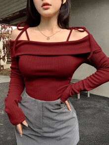 DAZY Women Off Shoulder Long Sleeve Casual Drawstring T-Shirt, Solid Color,Fall Clothes School Going Out Tops - Burgundy - View 4