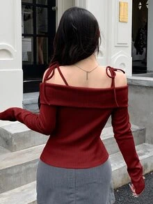 DAZY Women Off Shoulder Long Sleeve Casual Drawstring T-Shirt, Solid Color,Fall Clothes School Going Out Tops - Burgundy - View 2