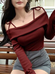 DAZY Women Off Shoulder Long Sleeve Casual Drawstring T-Shirt, Solid Color,Fall Clothes School Going Out Tops - Burgundy - View 7