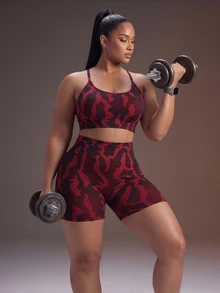 Powerista Set Pakaian Dalam dan Celana Pendek Olahraga Wanita Ukuran Plus Motif Kamuflase Merah Ketat - Merah - View 3