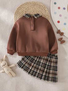Cozy Pixies 女嬰棕色格紋秋季校服風復古字母印花翻領長袖洋裝套裝 - 彩色 - 查看 3