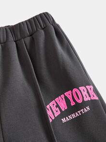 青少年女孩秋冬休閒保暖內裡加厚運動衫套裝，紐約市印花寬鬆圓領落肩長袖套頭運動衫與配套印花百褶寬腿直筒運動長褲，2件式運動風套裝，深灰色 - 深灰色 - 查看 4
