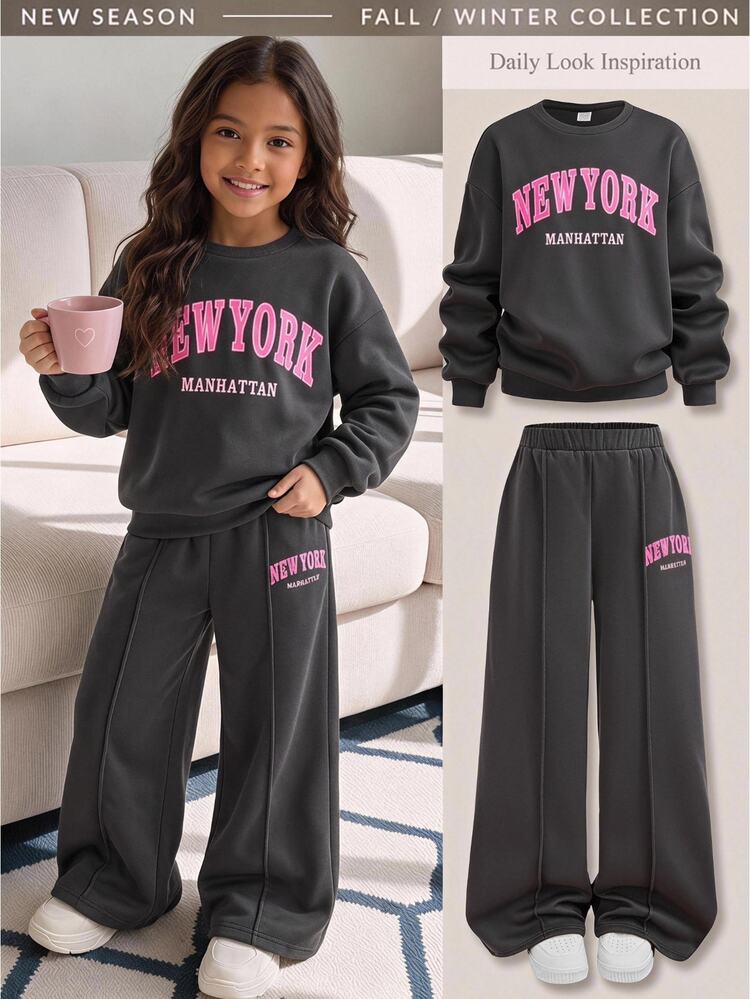 Tween Girl Autumn/Winter Casual Thermal Lined Thick Sweatshirt Set, New York City Print Loose Round Neck Drop Shoulder Long Sleeve Pullover Sweatshirt And Matching Print Pleated Wide Leg Straight Sweatpants, 2 Pieces Sporty Sweatshirt Set, Dark Gray - Dark Grey - View 6